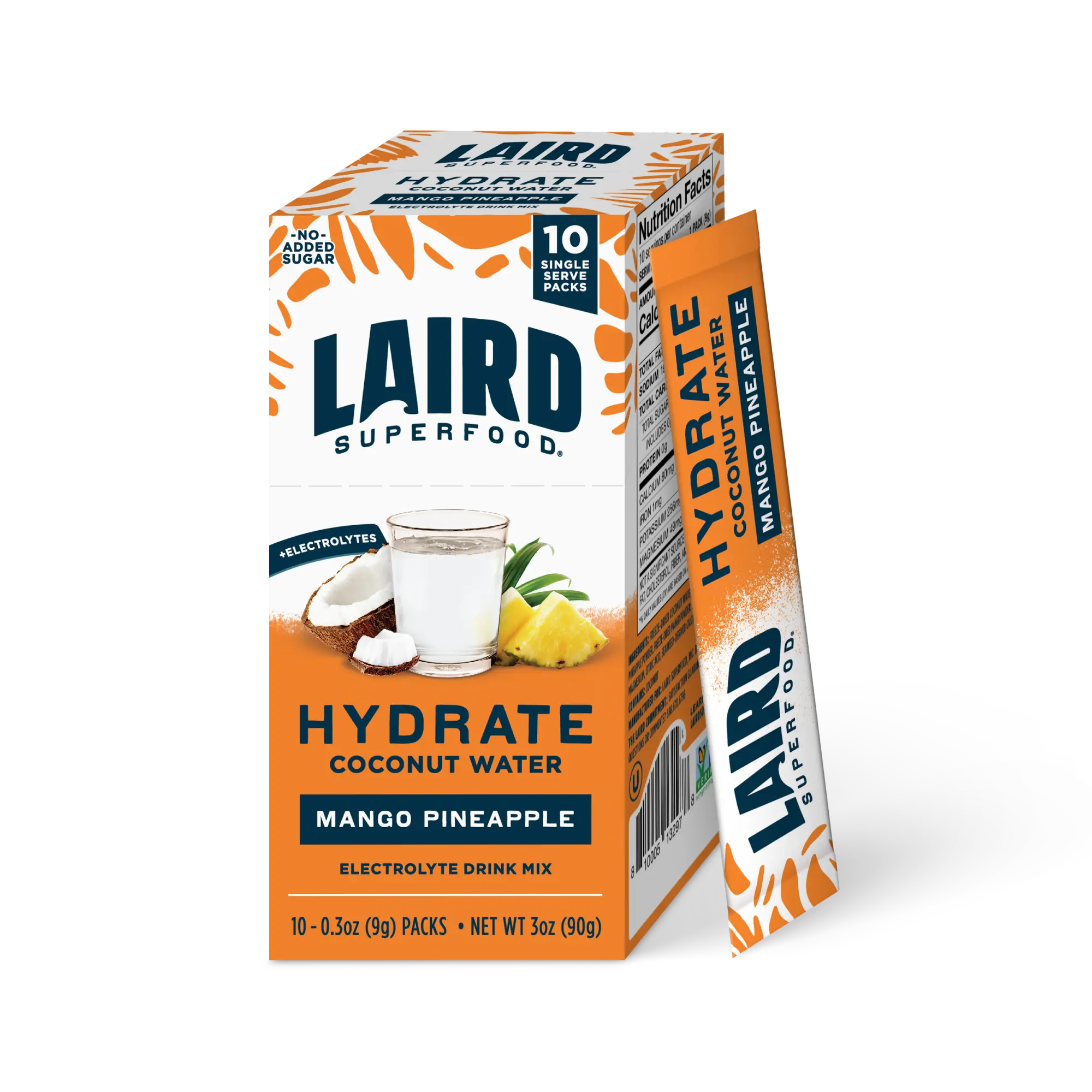 Laird Superfood Hydrate Pineapple Mango Electrolyte Drink Mix 10 Single Sticks Natural Nourishing Hydration