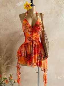 Elegant Floral Halter Neck Dress, Backless Waist Cinching Asymmetrical Irregular Hem Beach Babe Gown, Romantic Vacation Style Chic Knit Mesh Print Dress