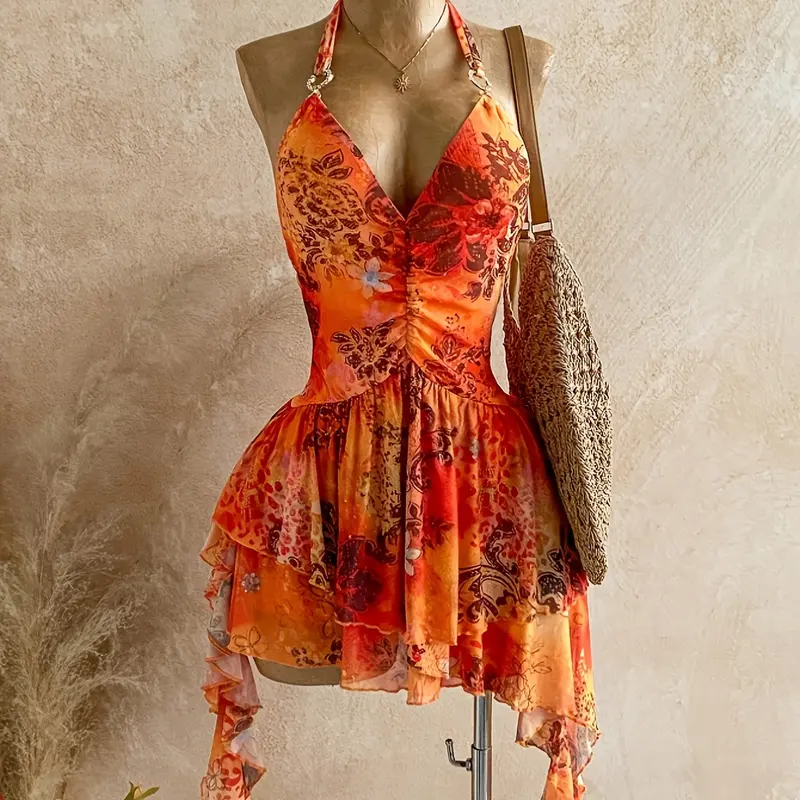 Elegant Floral Halter Neck, Backless Waist Cinching Asymmetrical Irregular Hem Beach Babe Gown, Romantic Vacation Style Bohemian Chic Knit Mesh Print Dress, Casual Wear, Bohemian Aesthetic
