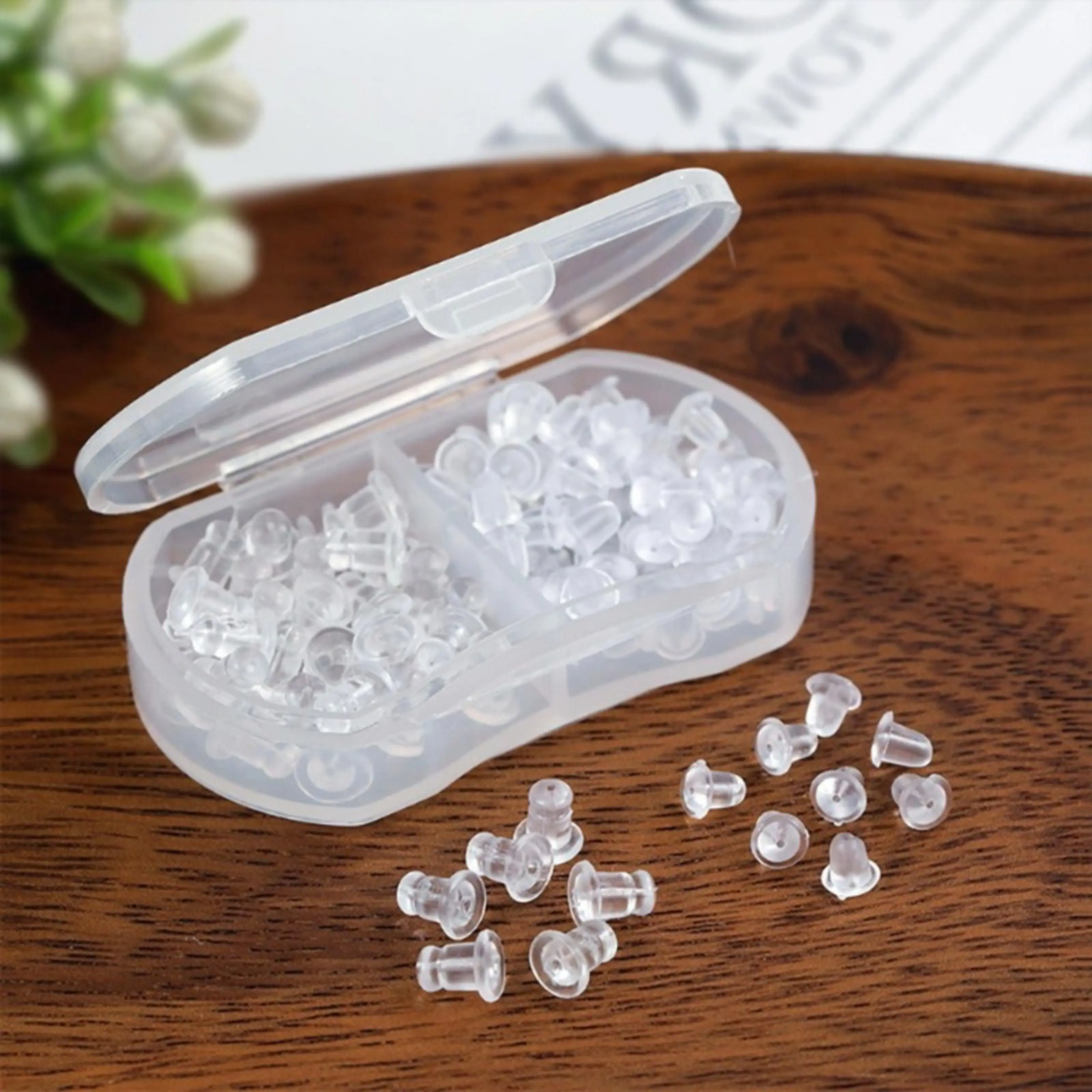 200-Piece Non-Medical Transparent Soft Silicone Ear Backs with Storage Box, Flat Shape Cartilage Earrings Flatback, Secure Hold for DIY Earrings Studs, Ear Care Accessory