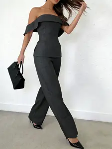 Two piece set of French light mature style wide leg pants, one shoulder cinched waist fitted top, commuting slimming two-piece set, Womenswear, suitable for summer, vacation, indoor, outdoor wear