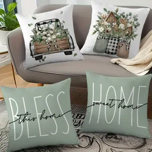 Farmhouse Style Truck Floral Pillow Covers Set of 4, Home Blessing Print, Light Design, Multiple Sizes Available, Bedroom Decorative Accessories