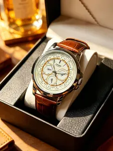 Vintage World Time Men's Watch, Dual Tone Bezel, Crocodile Leather Strap, Precise Quartz Movement, Waterproof, Elegant Style