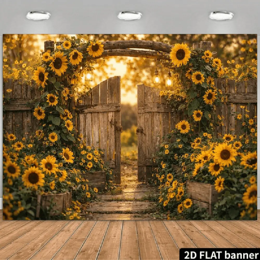 2D Flat Polyester Photography Backdrop Banner - HD Digitally Printed Photorealism Sunflower Garden Gate, Rustic Rust Wooden Fence Path, Soft Lightweight Foldable for Indoor Wedding, Portrait Photo Studio Use