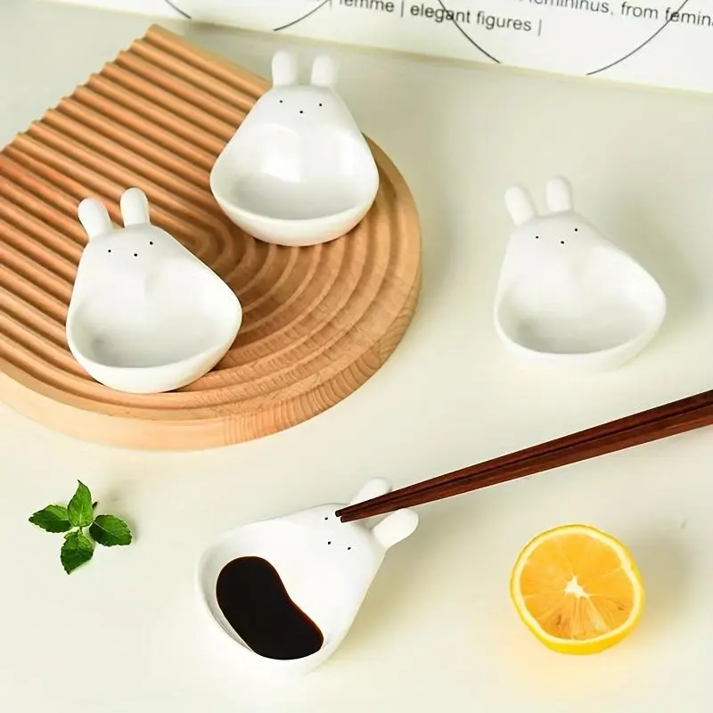 Cute Rabbit Shaped Ceramic Decorative Sauce Dish, 4 Counts/set Multipurpose Serving Seasoning Dish, Household Tableware for Family Home Kitchen Dining Room Kitchen Dishes