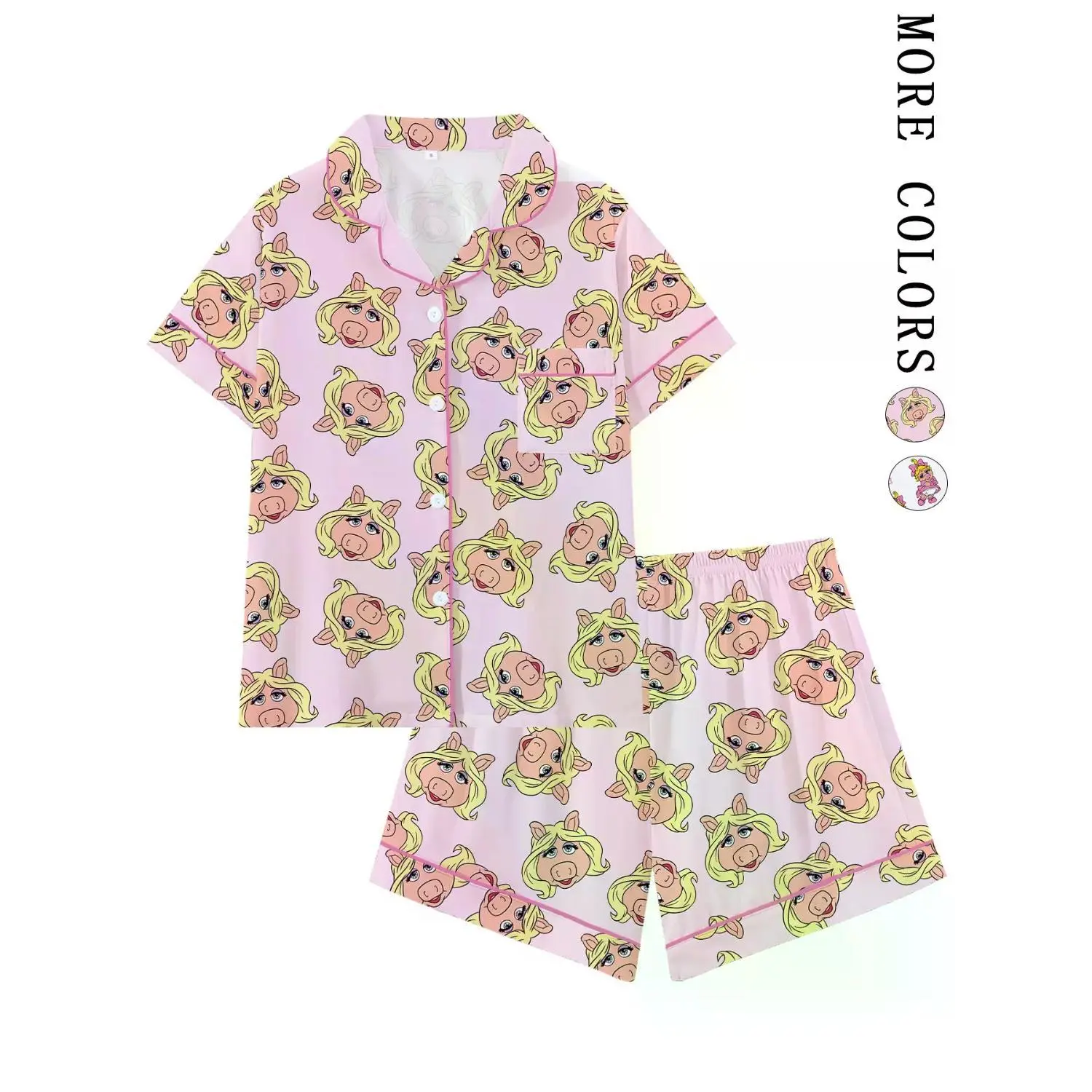 Women's Cartoon Print Collared Neck Shortsleeve Pyjama Set - Pink Pig Design, Button-Down Loungewear, Pink Trim, Ideal for Summer Nights, Sleepovers