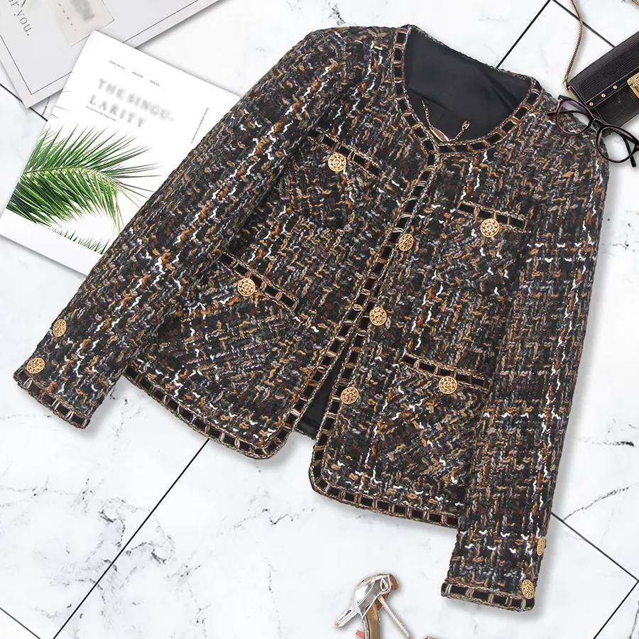 DUSHE Women's Elegant Long Sleeve Plaid Tweed Jacket, Vintage French Style Round Neck Button-Front Fitted Cut, Cool Iron, Do Not Bleach