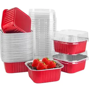 50Pack 5oz Pink Mini Cake Pans with Lids Baking Cups Aluminum Foil Bakeware Pans Tins, Individual Dessert Cups Containers for Sales,Party,Picnics, Baking Supplies