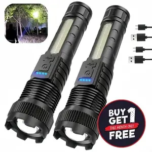 Portable Rechargeable LED Flashlights Super Bright (BUY 1 GET 1), Compact Built-in Battery Torches, Zoomable Beam, 5 Light Modes (White/Red/Blue), USB-C Charging, Battery Indicator, Digital Emergency Torches for Outdoor Camping