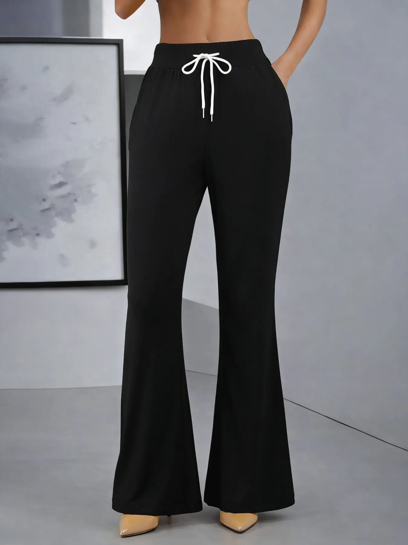 Women's elegant drawstring flared casual trousers, Adjustable, stylish, Chic and professional design, perfectly suited for workplace attire, trendy women's trousers, Pants, Fit