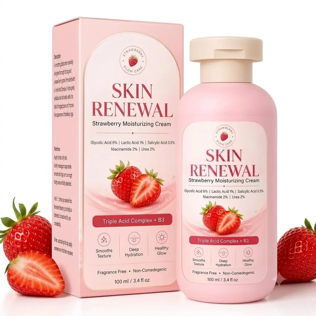 Skin Renewal Strawberry Moisturizing Cream – Triple Acid Complex + B3 – Smooths Texture, Deep Hydration, Healthy Glow – For Rough & Bumpy Skin – 100ml (3.4 fl oz)