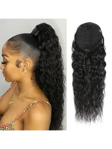 20 inch Drawstring Ponytail Extension Water Wave in Natural Color 1B Corn Wave Ponytail Clip in Extensions for Black Women