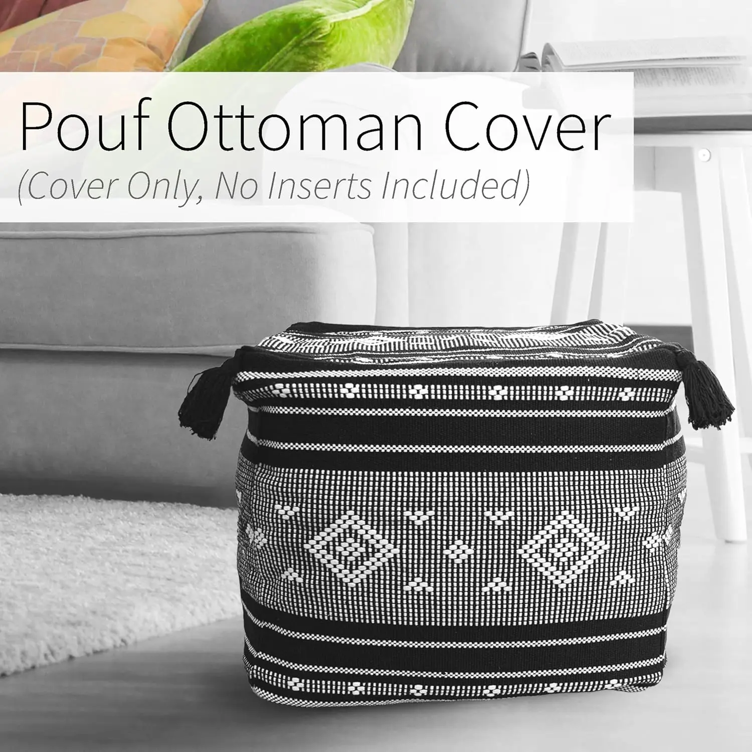 MOCOFO Cotton Woven Tassel Footstool Boho Square Unstuffed Pouf Cover black and white for Living Room, Bedroom Outdoor Stuffable Footrest(Black Strips, 18×18×16")