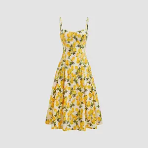 Cider [size 0-10] Cotton Lemon Lace Up Pleated Cami Midi Dress