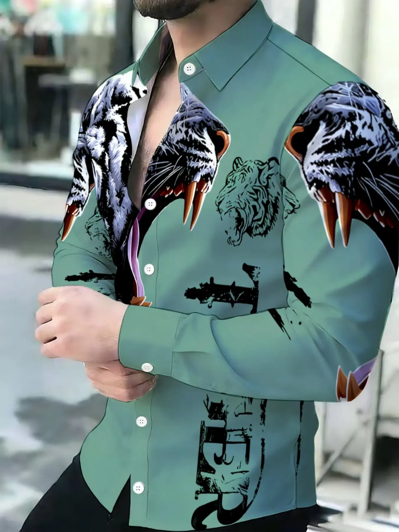 Men's Breathable Mint Green Roaring White Tiger All Over Printed Lapel Long Sleeve Cardigan Aesthetic Casual Street Fashion Shirt Fashionable Casual Wear Menswear