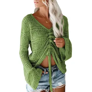 Women Crochet Top Beach Cloth Drawstring Shirt Cover Up Oversized Sexy Beachwear Lace Up Tee Poncho