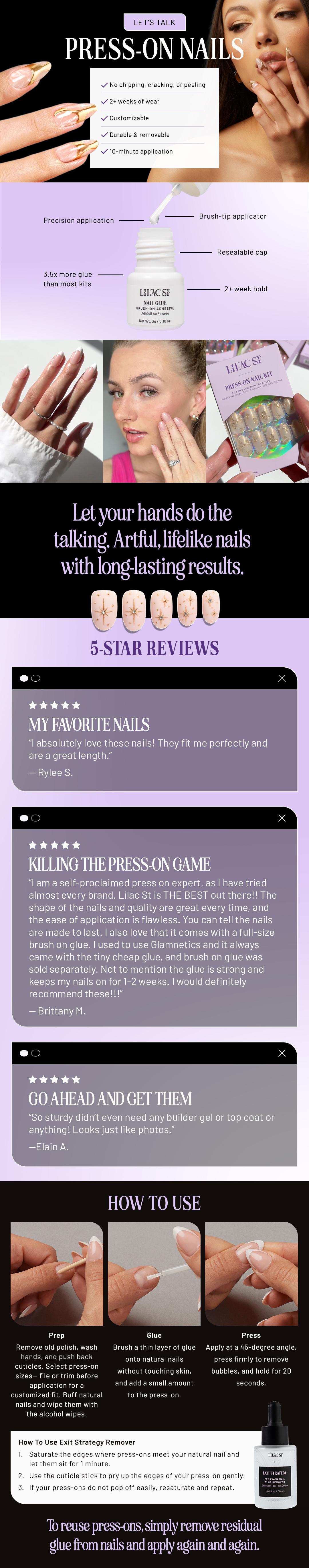 Lilac St Romantic Press On Nail Collection - Medium Round Glossy Opaque Gel Nails with Soft Gold Accents & Mini Gems for 10-Day Wear