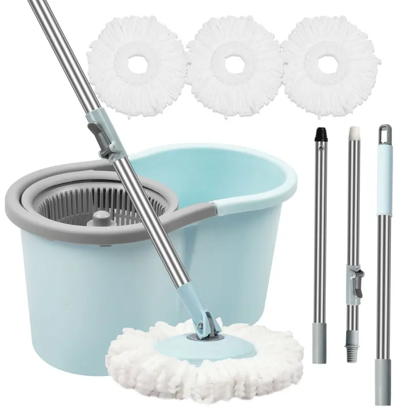 360° Rotating Spin Mop and Bucket Set, Bucket-Based Mop with Spin Scrub, Detachable Wringer, Ergonomic Adjustable Stainless Steel Extendable Handle, 3 Microfiber Replacement Heads for Home Floor Cleaning (Blue)