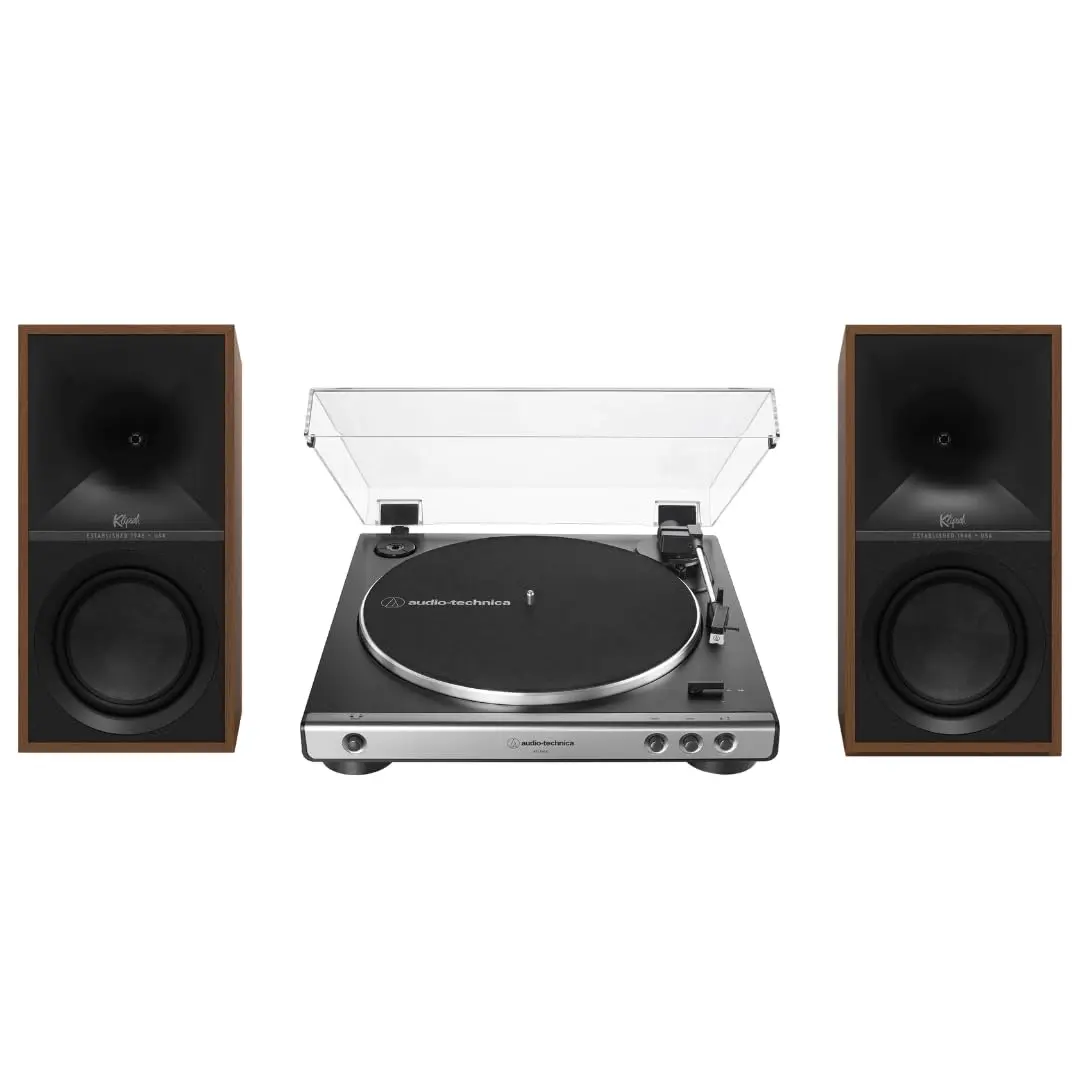 Klipsch The Sevens Heritage-Inspired Retro Powered Speakers (Walnut) Bundle with 60X-GM Fully Automatic Belt-Drive Vinyl Turntable, Bluetooth Wireless Amplifier, Subwoofer, High-Watts Streaming Audio System