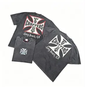 West Coast Choppers Unisex Vintage Washed Short-Sleeve T-Shirt, Retro Cross Graphic Print, Y2K Punk Hip Hop Gothic Menswear, Heavyweight Cotton Oversized Casual Sport Top