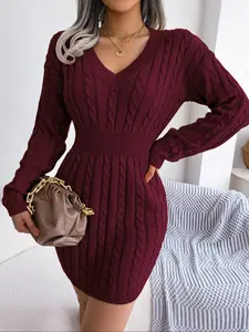 Women's Basic Comfort Solid Textured Drop Shoulder Sweater Dress, Lady's Lady Long Sleeve V Neck Cable Knit Dress, Casual Chic Dress