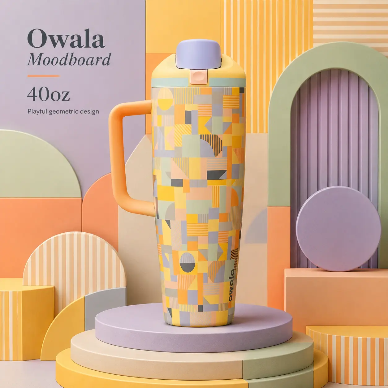 Owala Moodboard 40oz Tumbler with Handle, Geometric Pattern Stainless Steel Water Bottle, Cute Large Travel Cup for Work Gym Daily Use