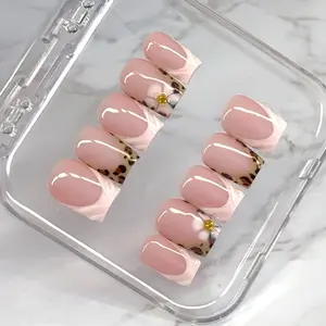 Pink & Wild - Baby Pink Cheetah Print 3D Gel French Tips Hand Made Press On Nails Set - 10 pcs Custom Sizing, Glue, Tabs, File & More - Extra Short Length & Duck Flare Shape Available