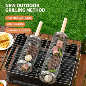 Stainless Steel Rolling BBQ Grill Baskets (2-Pack) - Portable Detachable Charcoal Grilling Cages with Wooden Utensils, Small & Large Sizes for Outdoor Camping, Backyard Cooking