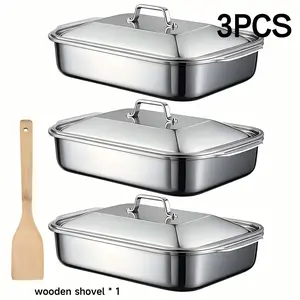 3pcs Non-Stick Roasting Pan with Lid & Wooden shovel, Large  Stainless Steel Baking Pans, Deep Dish for 5-Layer Lasagna, Multi-Scenario Stainless Steel Cake Pan