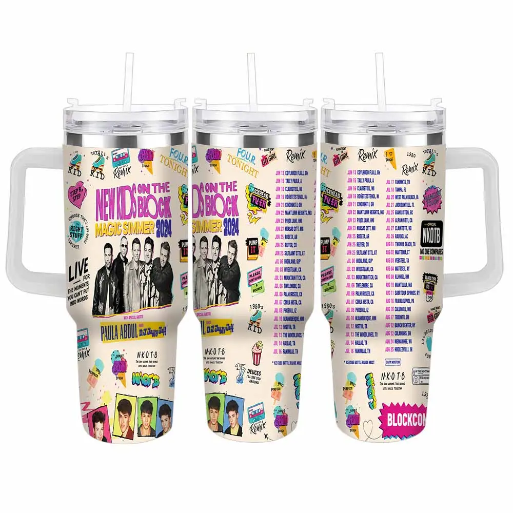 New Kids On The Block (NKOTB) Magic Summer 2024 Music Tour Insulated Metal Flask - 40oz/30oz Drink Tumbler with Lid, Leakproof Handle, Stainless Steel Construction for Concerts, Road Trips, Gifts