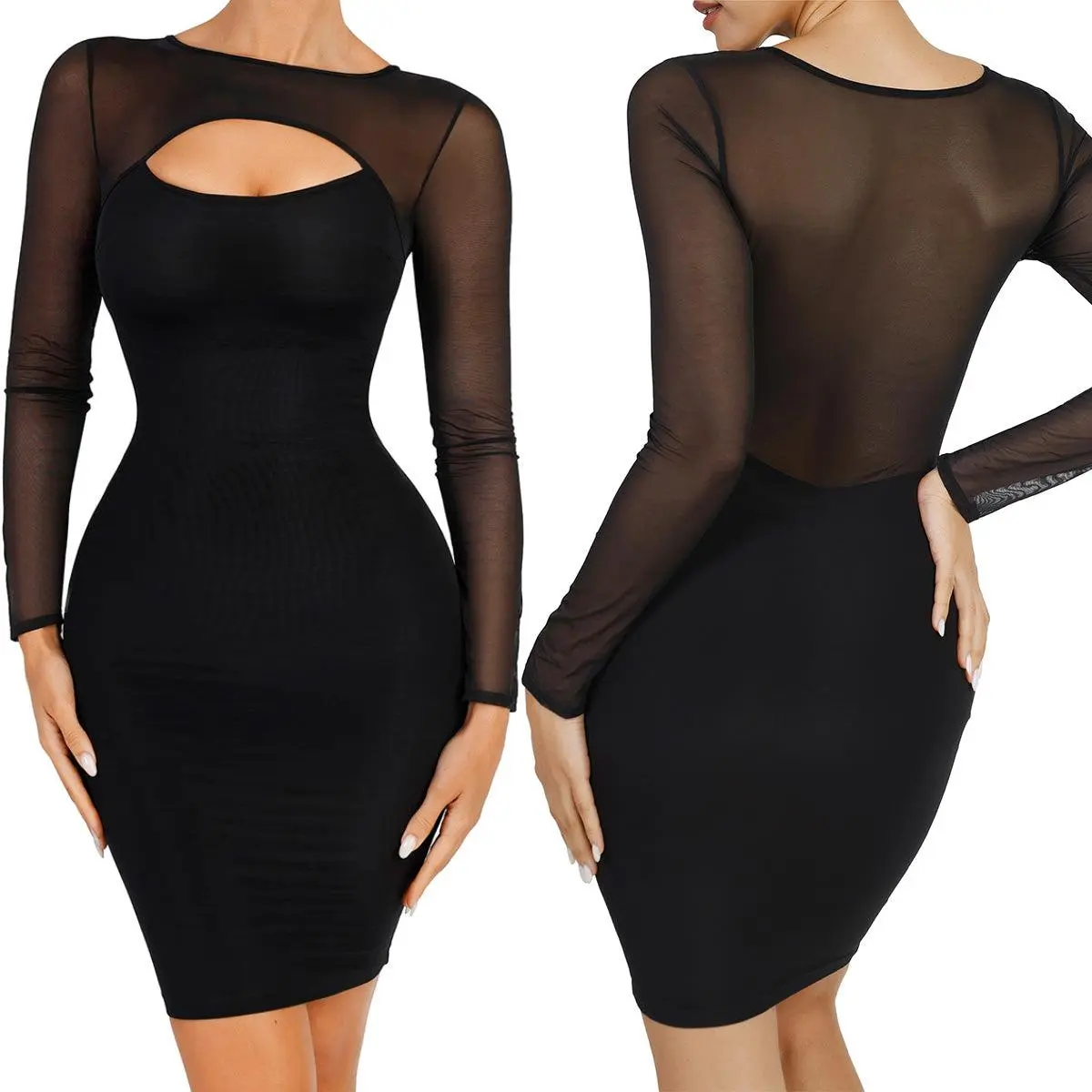 FeelinGirl Shapewear Dress Long Sleeve Bodycon Sheer Mesh Seamless Breathable Casual Fabric Dresses Soft Womenswear