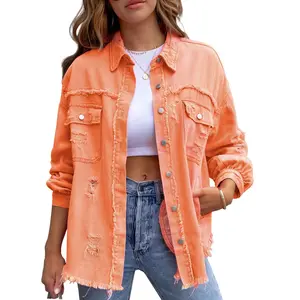 Kingapril Ripped Fringe Jean Jacket Women Distressed Washed Button Down Frayed Denim Shacket with Pocket Casual Oversized Soft Coats Collared