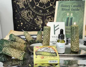 Attract money & abundance into your life with this beautiful ritual candle set. 4 carved & dressed green candles plus a powerful 15ml Money Oil infused with citrus, bay, cinnamon, patchouli & money-drawing crystals.