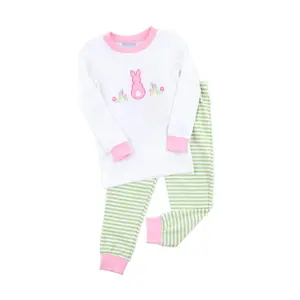 Easter Bunny Pink Trim Green Stripe Pajamas - Soft Long Sleeve PJ Set for Girls