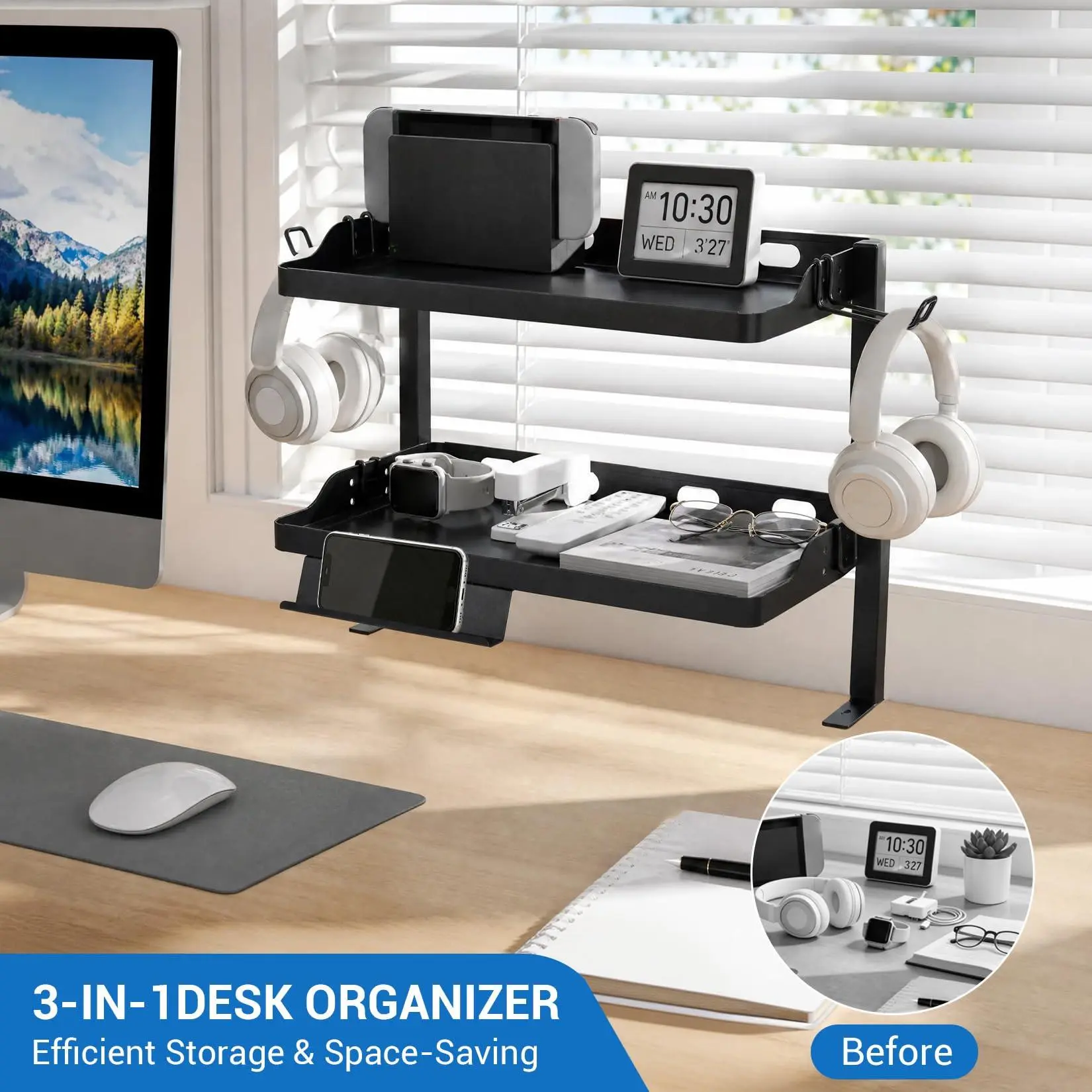 2-Tiered Heavy-Duty Metal Desk Shelf, Adjustable Clamp-On Under Desk Organizer with Built-In Phone & Tablet Stand, Removable Hooks, Tool-Free Installation, Two-Tiered