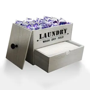 Laundry Pod Holder with Drawer for Dryer Sheets, Wall Mountable, Rustic Farmhouse Wood Color, Holds Up to 60 Pods and 300 Dryer Sheets… Organiser Wooden Household Racks Accessories