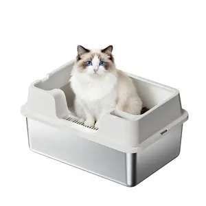 XXL Stainless Steel Cat Litter Box – High Sided, Semi-Enclosed, Leak-Proof, Odor Resistant, Easy-Clean, Non-Slip, For Large Cats, With Lid, 60x40x22cm, Transparent Black