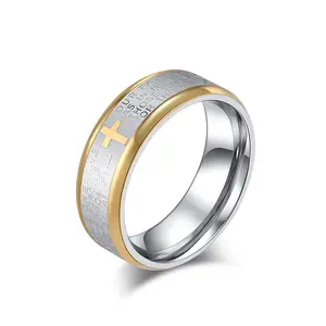 Men's Lord's Prayer Ring Christian Cross Stainless Steel 8MM Goldtone Sizes 7-12