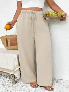 Plus Size Women's Solid Color Adjustable Drawstring Wide Leg Fitted Pants, Boho Casual Style Comfortable Fit for All Seasons, Fashionable Woven Trousers