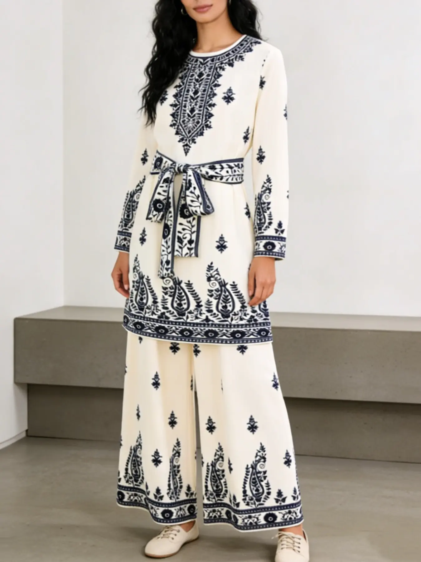 Muslim Women Ethnic Style Casual Belted Print Abaya Set Top + Pants Matching Set Outfit, Fitted Long Sleeve Geometric Pattern, All Seasons Fashion Tunic, Two Piece Set Women Clothes Sets, Co Ord Set