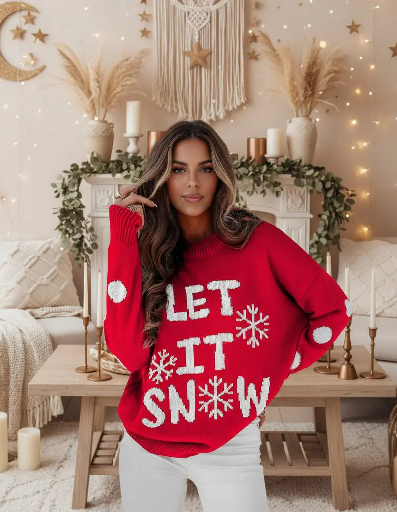 Velvet Stardust Co. “Let It Snow” Christmas Sweater – Red Dahlia Boho Holiday Knit