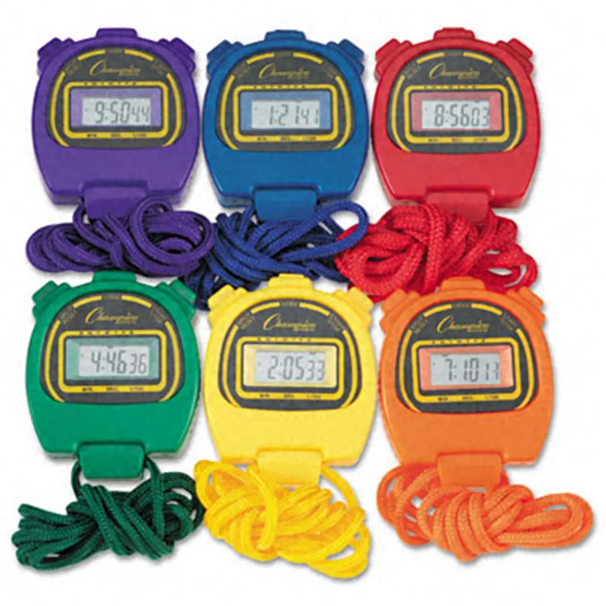 Champion Sport Waterproof Stopwatches - 6 Per Set, 1/100 Second Precision, Pushbutton Operation, Anti-Drop Design, Training Gym Timer, Assorted Colors
