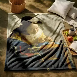1 piece Vermeer "The Lacemaker" detailed embroidery scene themed flannel blanket - Oversized fluffy flannel sofa blanket, suitable for beds and sofas, modern design, all-season use, digitally printed pattern, 100% polyester material, machine