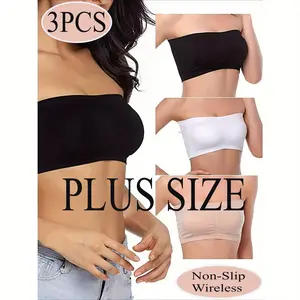 3-Pack Plus-Size Strapless Bandeau Bras - Wireless Comfort Bras for Women, Featuring Soft Stretch Fabric with Fashionable Seamless Design. Ideal for Daily Wear as a Versatile Foundation Garment.
