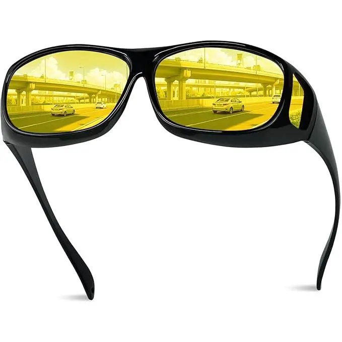 Night Vision Glasses, Fit Over Wrap Around TR90 Frame for Men Women, Polarized Anti-Glare HD Yellow Lens for Driving, Polarized Glasses, Aftermarket Non-Prescription Glasses