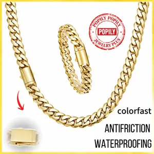 Set 2PCS 14K Gold Vacuum Plated Stainless Steel with Copper Black “S” Clasp Miami Cuban Link Chain 6–14mm Necklace & Bracelet Italy/Mexico Micro Inspired Unisex Luxury Jewelry for Women & Men Daily Wear Mother's Day and Father's Day Gifts,summeroutfits,va