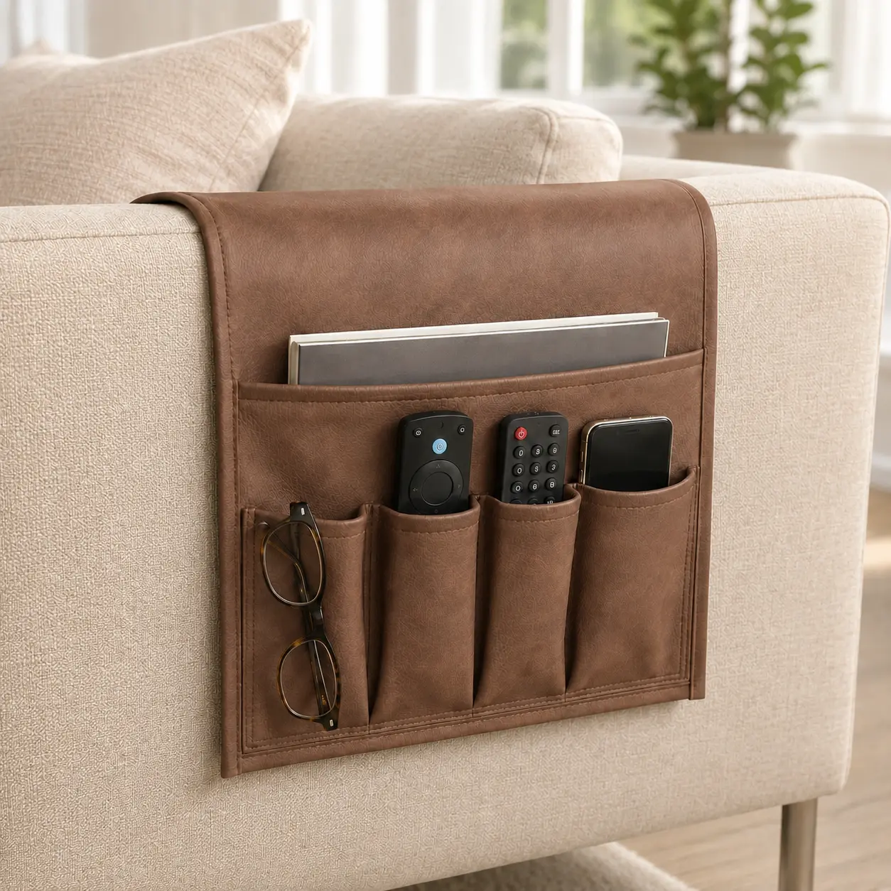 Leather Sofa Armrest Organizer – Couch Remote Control Holder with Storage Pockets for Phone, Glasses & Magazines