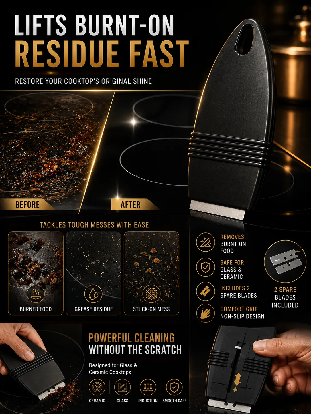 Cooktop Scraper Tool with Replacement Blades, Non-Scratch Cleaning Razor Scraper for Glass, Ceramic, Induction & Smooth Stove Tops, Removes Burnt Stains, Ergonomic Handheld Stove Cleaner