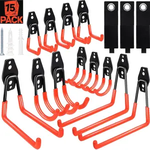 15 Pack Garage Hooks Heavy Duty,Garage Hangers Storage System Hooks for Shed Yard Tools Ladders Bikes Hose  Wall Mount with Anti-Slip Coating