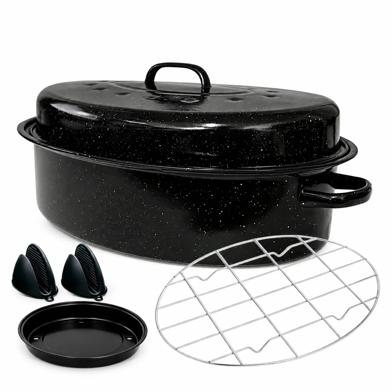 16 In Durable Black Enameled Steel Roasting Pan with Rack - 39.0 × 27.0 × 9.0 Cm, Sturdy Enamel, Heat-Resistant Lid, Dual Handles, Tight Seal, Lightweight Kitchen Cookware, Oven-Safe, Fits All Heat Sources, Ideal for Baking, Turkey Roasting, Backyard BBQs